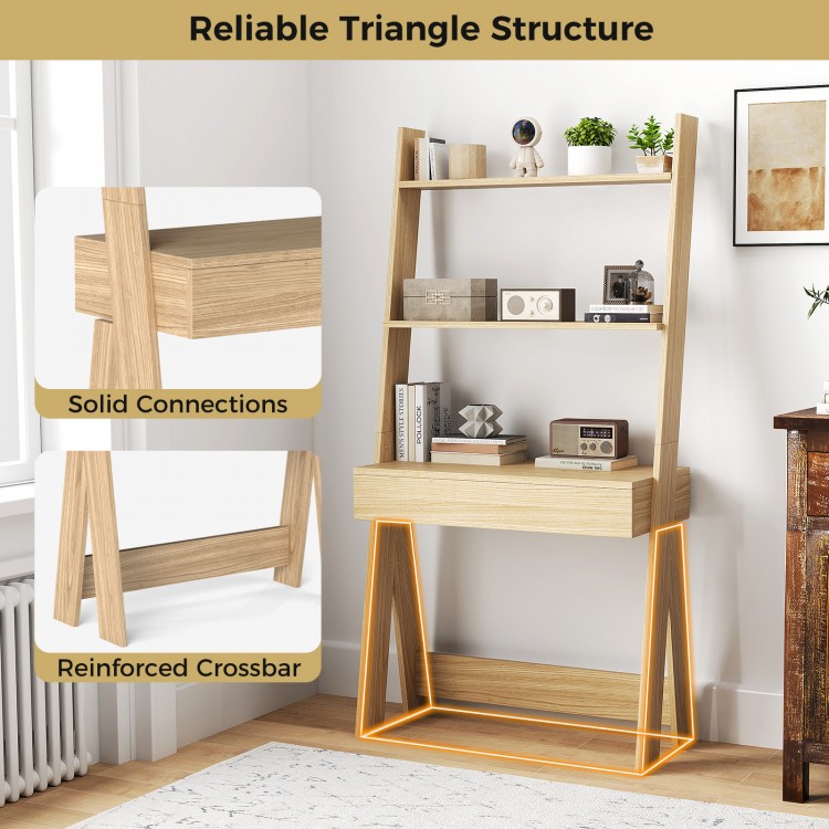 Ladder shelf desk bookcase in natural finish with 2 shelves and a drawer, ideal for corner placement and storage.