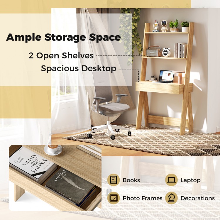 Ladder shelf desk bookcase with 2 open shelves and spacious countertop, made of durable P2 MDF for versatile storage.