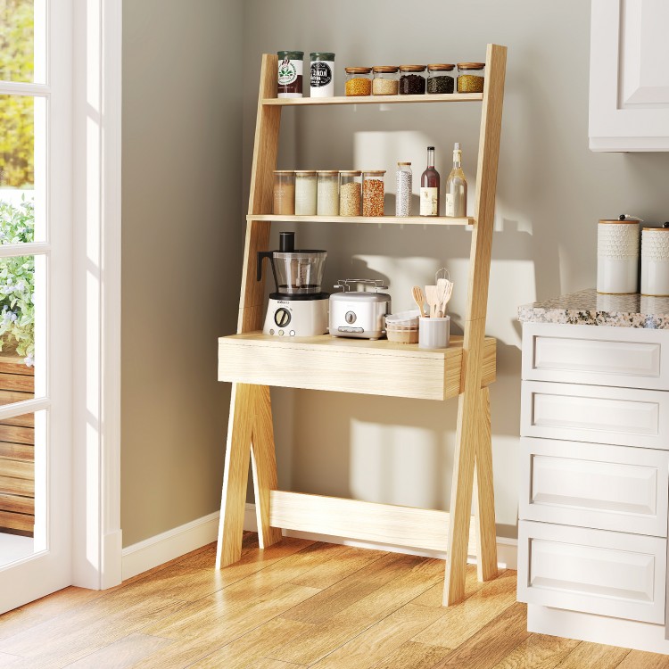 Ladder shelf desk bookcase in natural finish with countertop, drawer, and 2 shelves for versatile storage in any room.