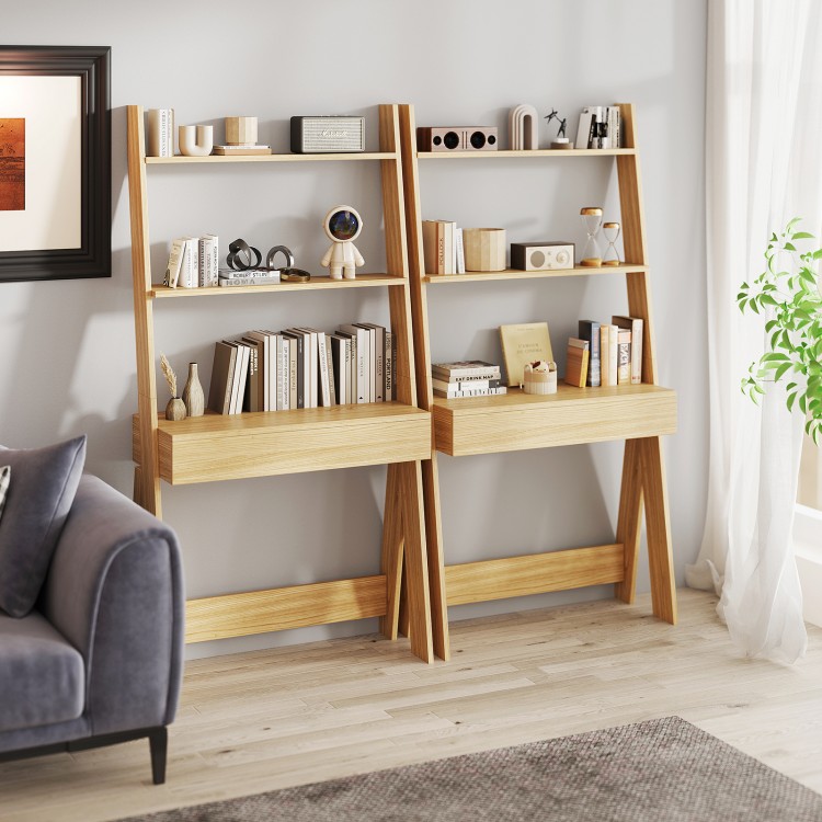 Ladder shelf desk bookcase in natural finish with 2 shelves and a drawer, ideal for corner storage in living spaces.