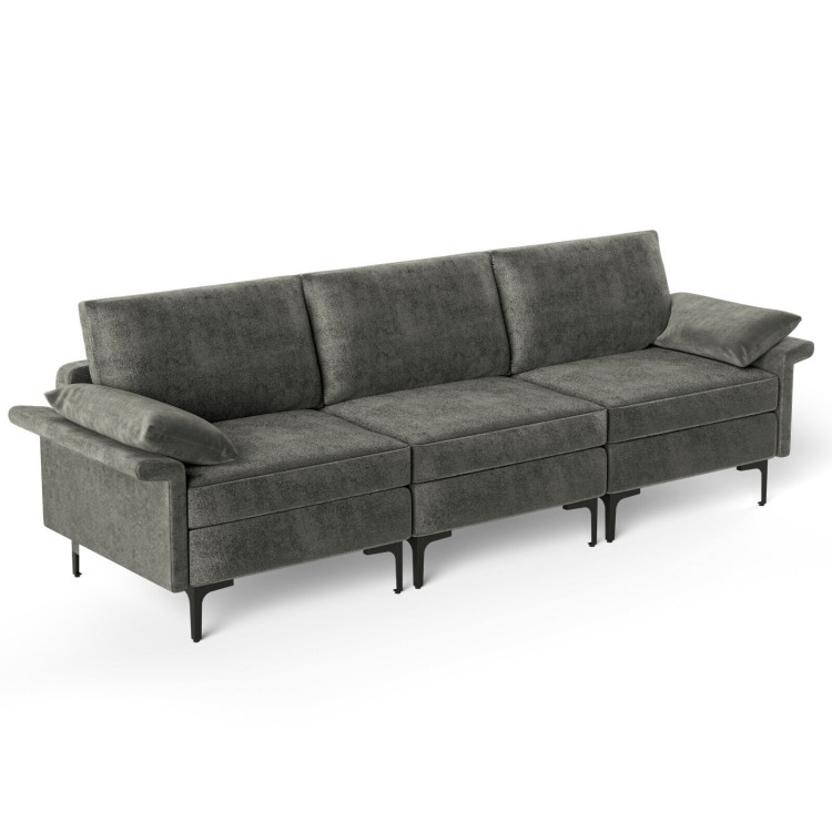 Large gray 3-seat sectional sofa with metal legs, featuring soft linen fabric and ample space for lounging and relaxing.