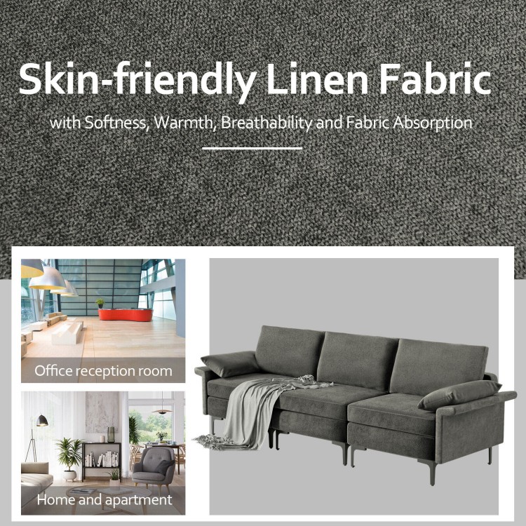 Large gray 3-seat sectional sofa with metal legs, featuring breathable linen fabric for comfort in home or office.