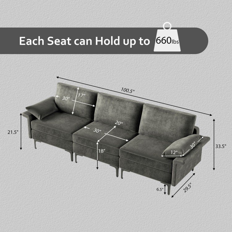 Large gray 3-seat sectional sofa with metal legs, featuring dimensions for comfort and support, ideal for lounging.