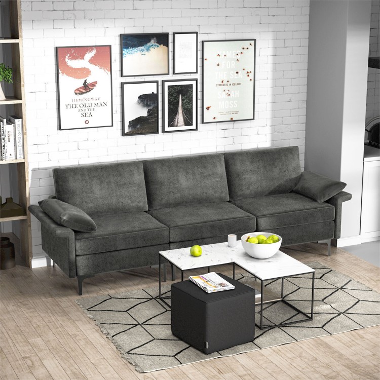 Large gray 3-seat sofa sectional with metal legs, featuring soft linen fabric and ample space for lounging and relaxing.