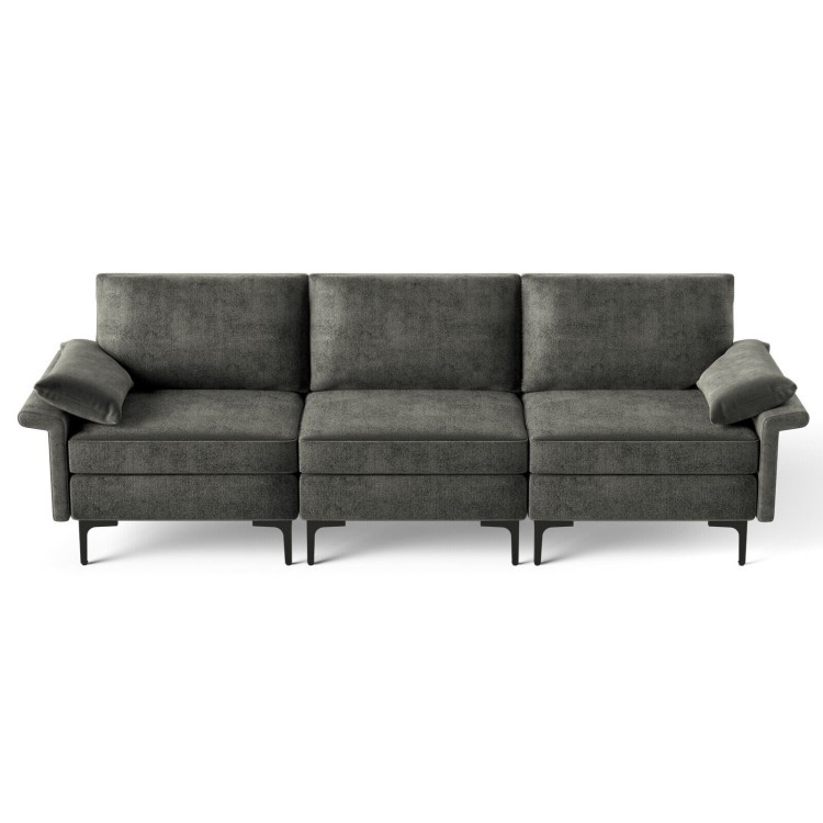 Large gray 3-seat sectional sofa with metal legs, featuring soft linen fabric and high-density sponge cushions for.