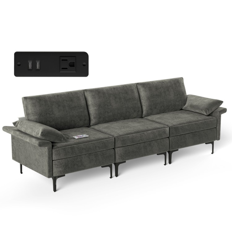Large 3-seat sectional sofa in silver with metal legs and 2 USB ports, perfect for lounging and relaxation.