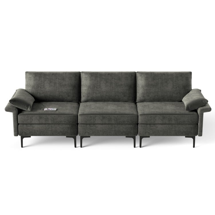 Large 3-seat sectional sofa in silver with metal legs, featuring USB ports and comfortable linen fabric for lounging.