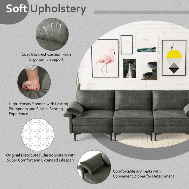Large 3-seat sectional sofa in silver with metal legs, featuring high-density cushions and USB ports for added.
