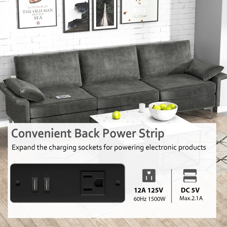 Large 3-seat sectional sofa in silver with metal legs and 2 USB ports, perfect for lounging and relaxing.