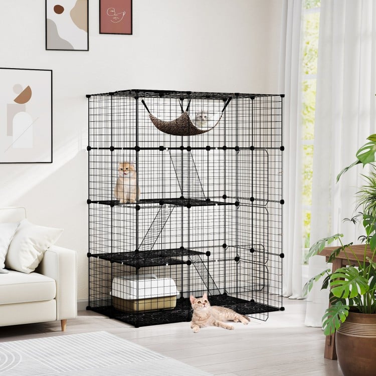 Large 4-tier black cat cage showcases spacious platforms and a cozy hammock, perfect for climbing and relaxing for multiple pets.