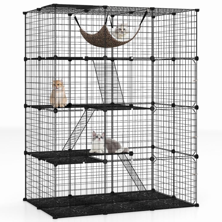 Large 4-tier black cat cage features a hammock, climbing ladder, and multiple doors for 1-4 cats to play and rest.