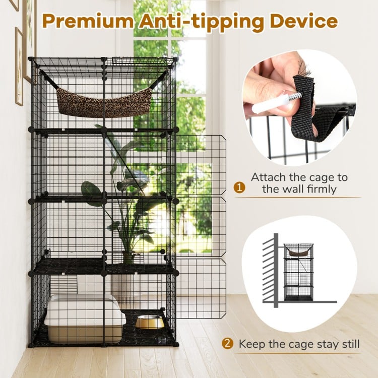 Large 4-tier black cat cage features a skylight, hammock, and anti-tipping device for secure and playful pet environments.