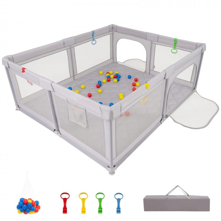 Large gray baby playpen with pull rings, ocean balls, and mesh walls for safe, active play and motor skill development.