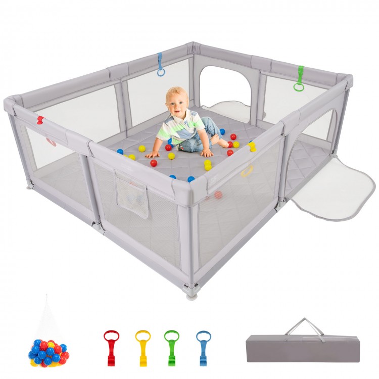 Large gray baby playpen with pull rings and 50 ocean balls, featuring a safe play mat and mesh walls for secure play.
