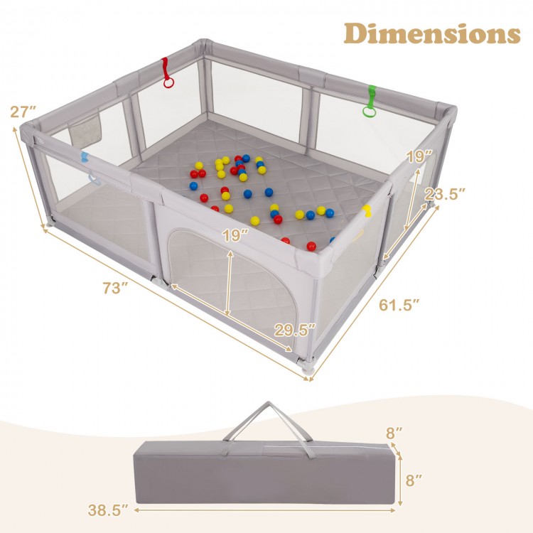 Large baby playpen in gray with pull rings and 50 ocean balls, designed for safe and active play.