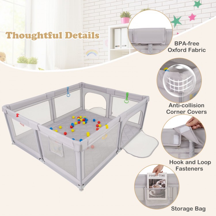 Large gray baby playpen with pull rings and ocean balls, featuring a sturdy design and anti-collision corner covers.