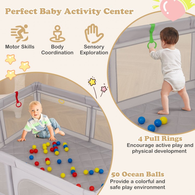 Large gray baby playpen featuring 4 pull rings and 50 colorful ocean balls for safe, active play and sensory.