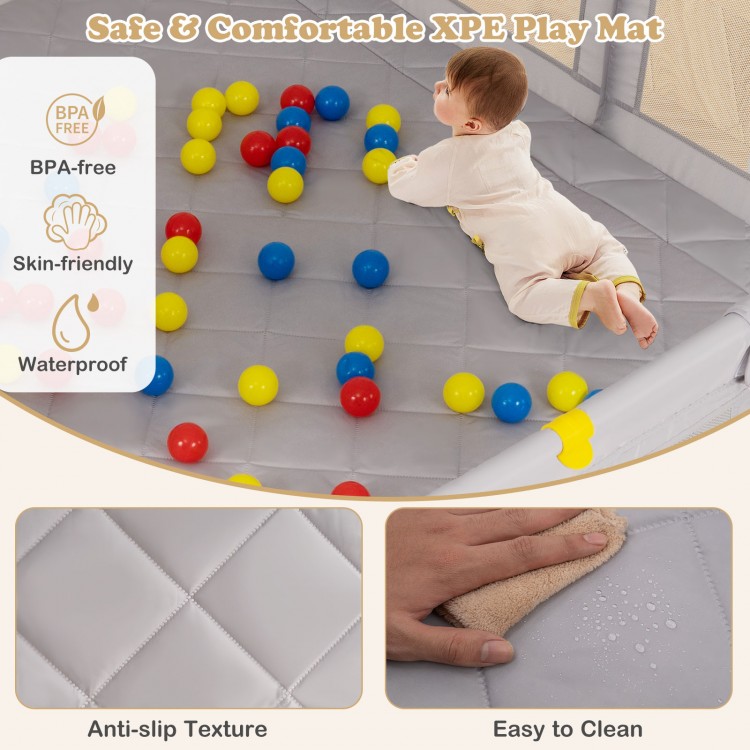 Large gray baby playpen with waterproof XPE play mat, featuring anti-slip texture and colorful ocean balls for safe.