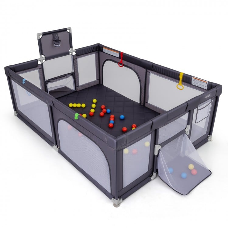 Large dark gray baby playpen with mat, ocean balls, and pull rings for safe, fun playtime for multiple children.