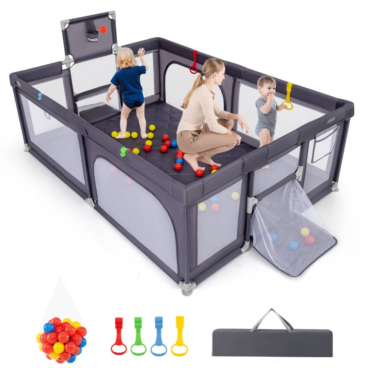Large dark gray baby playpen with mat, ocean balls, and pull rings, perfect for 7-8 kids to play safely indoors.