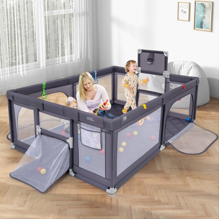 Large dark gray baby playpen with mat, ocean balls, and pull rings, perfect for safe play for multiple children.