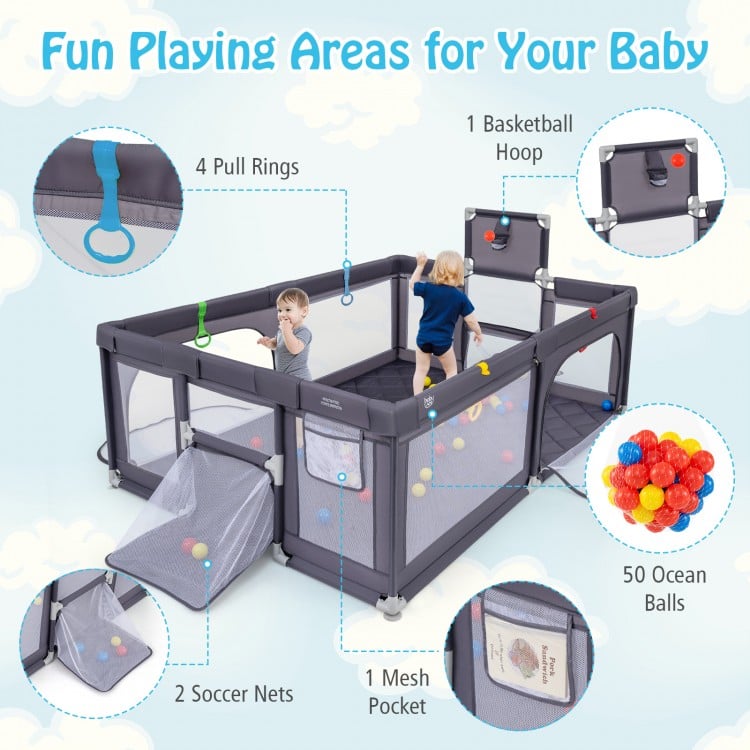 Large dark gray baby playpen with 50 ocean balls, pull rings, and a basketball hoop for safe, fun playtime.