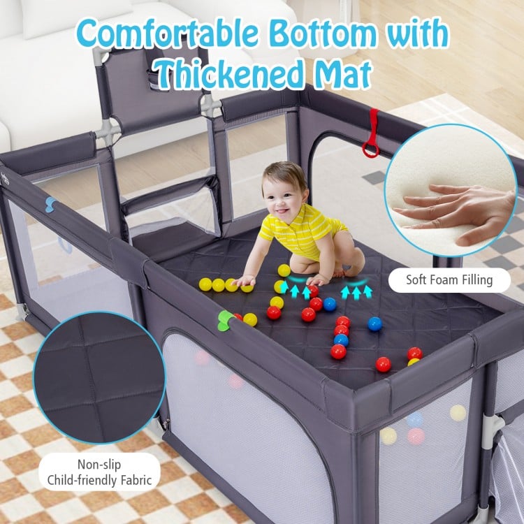 Large baby playpen in dark gray with thickened mat, featuring soft foam filling and non-slip fabric for safe play.