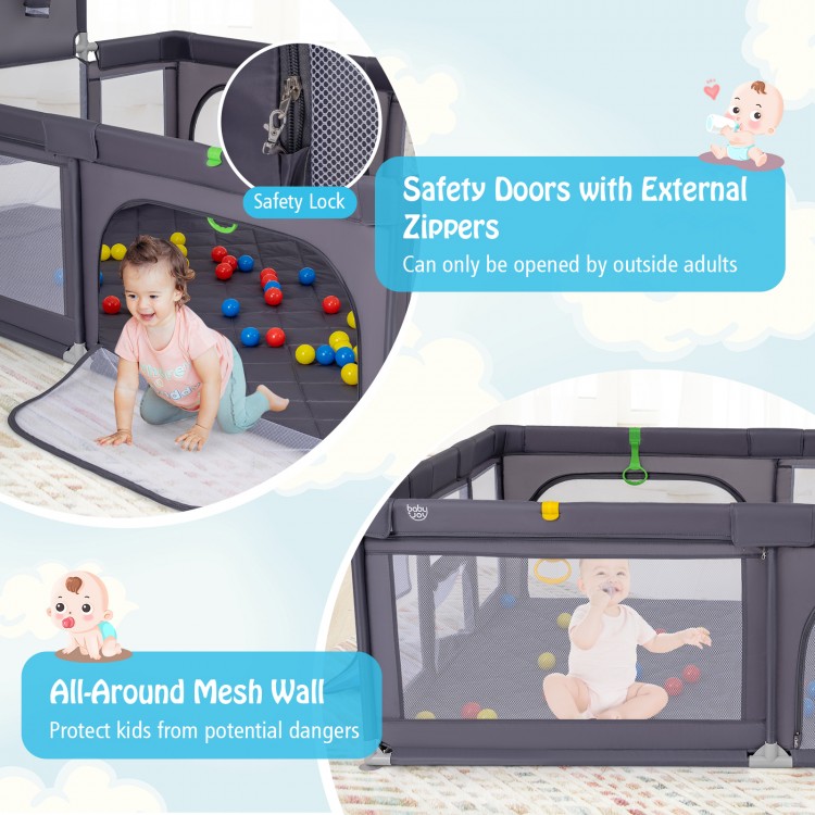 Large baby playpen in dark gray with mesh walls, safety doors, and 50 ocean balls for fun and secure playtime.
