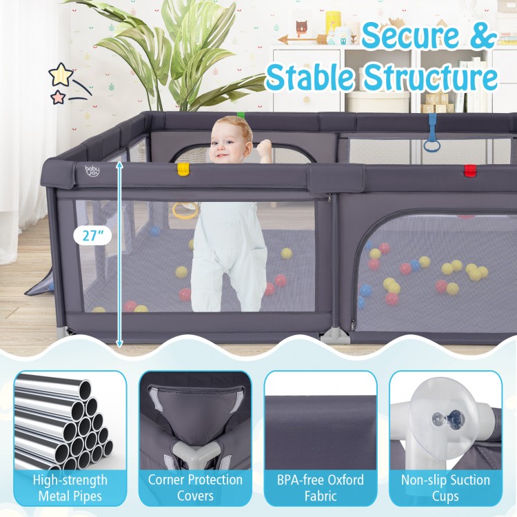 Large dark gray baby playpen with mat and ocean balls, featuring secure structure and non-slip suction cups for safety.