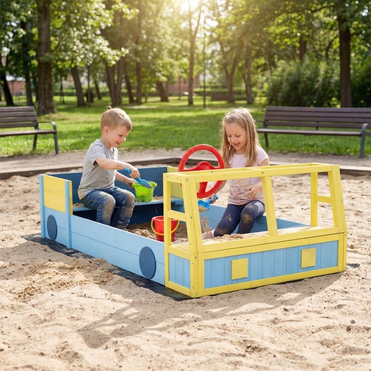 Large car-themed sandbox in blue with fir wood frame, featuring a rotatable rudder for imaginative play and storage for.
