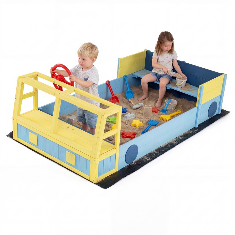 Large car-themed sandbox made of fir wood, featuring a storage space and space for two kids to play and interact.