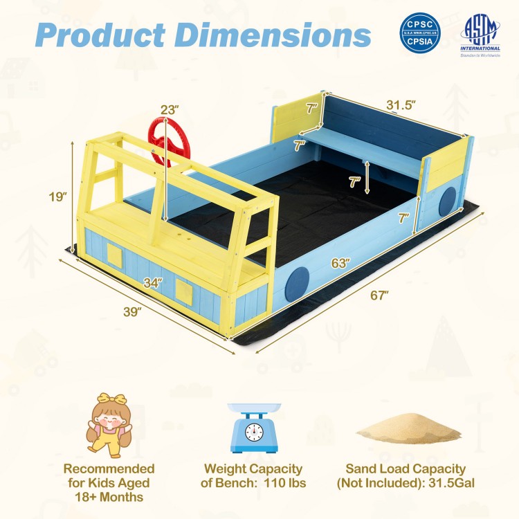 Large car-theme sand box in blue with fir wood frame, featuring storage space and safety handrail for kids' play.
