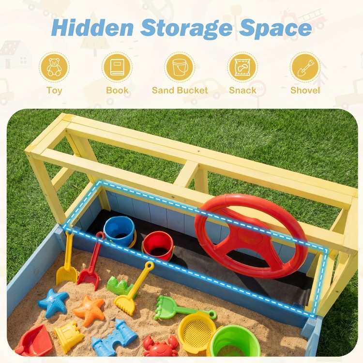 Large car-theme sandbox with storage for toys, featuring a fir wood frame and vibrant colors for imaginative play.