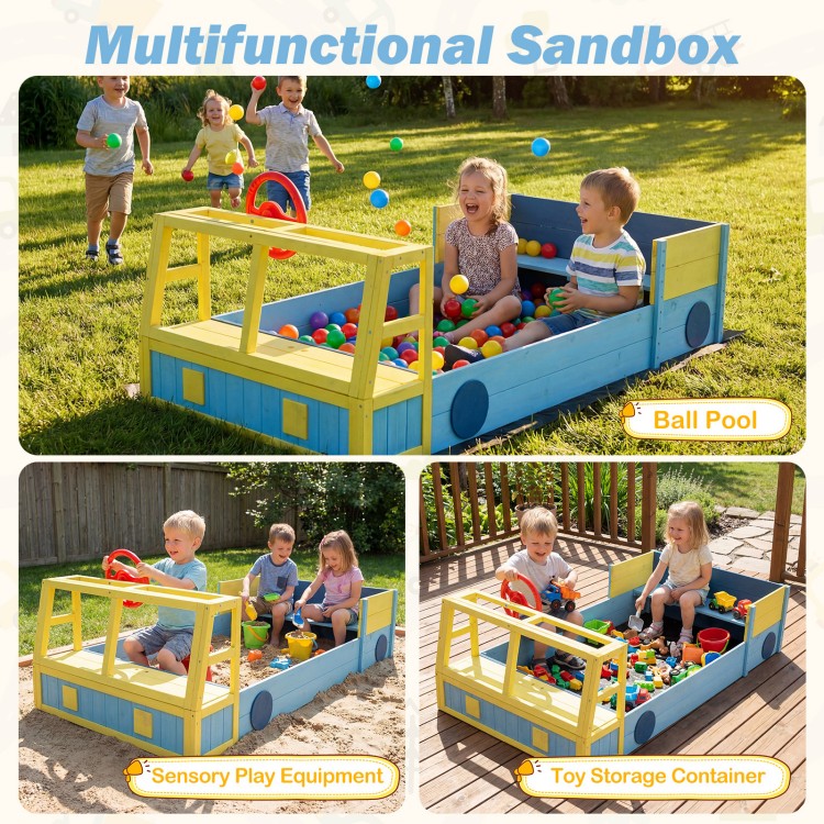Large car-theme sandbox in blue with sensory play features, ideal for kids' imaginative play and toy storage.