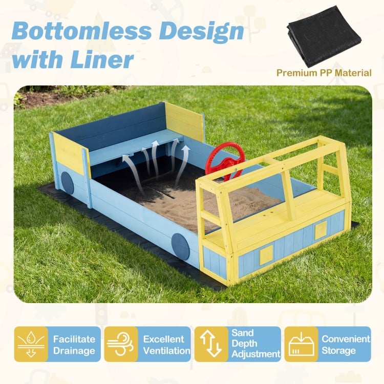 Large car-theme sandbox with bottom liner, fir wood frame, and storage for sand toys, perfect for imaginative play.