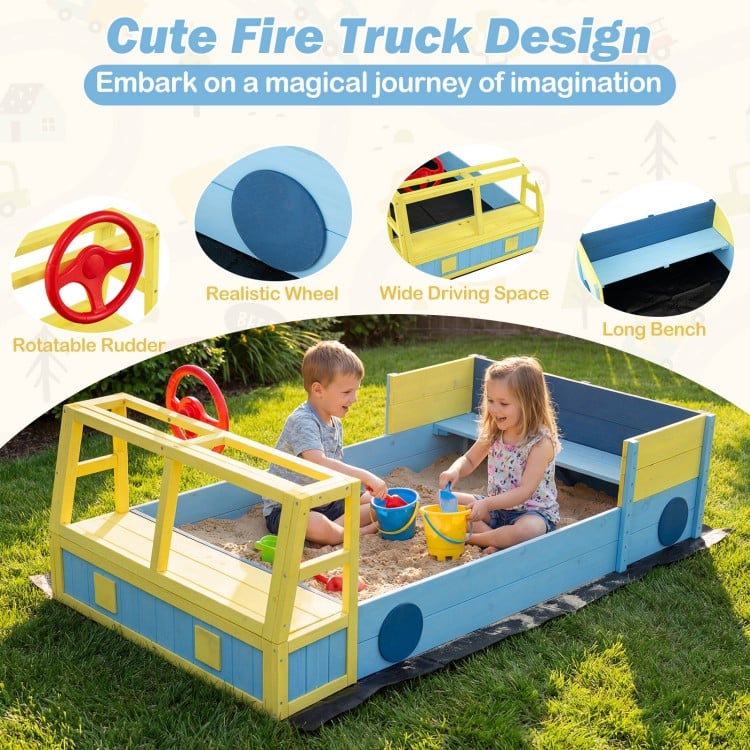 Large car-theme sandbox in blue with fir wood frame, featuring a rotatable rudder and wide driving space for kids.
