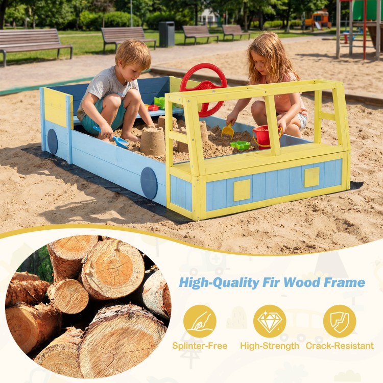 Large car-themed sandbox made of splinter-free fir wood, featuring a rotatable rudder and storage for sand toys.