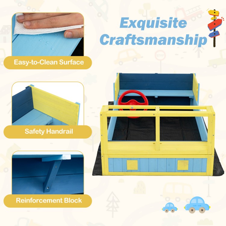 Large car-theme sandbox in blue with safety handrail, easy-to-clean surface, and storage for sand toys for kids' play.