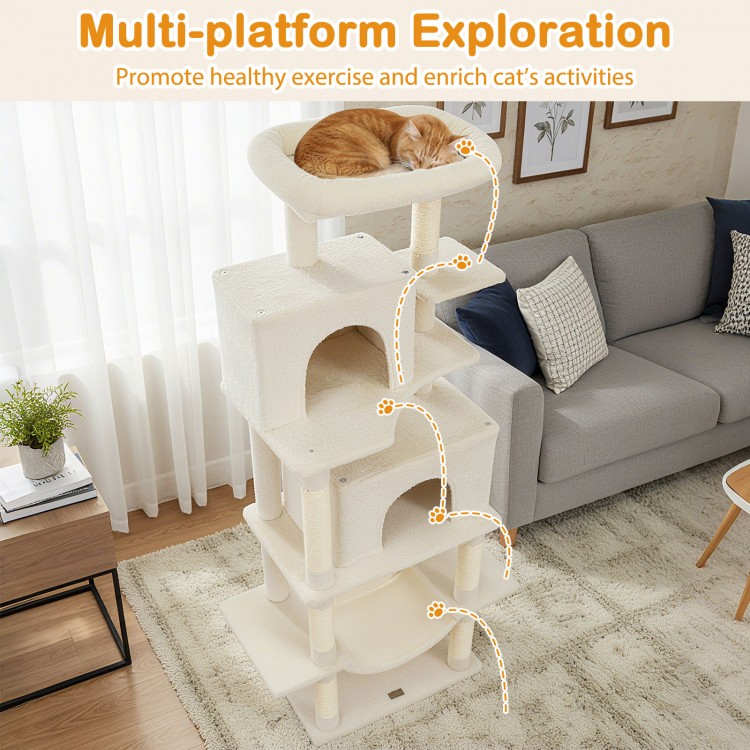 Large beige cat tree with multi-level platforms, condos, and scratching posts for indoor cats' exercise and play.