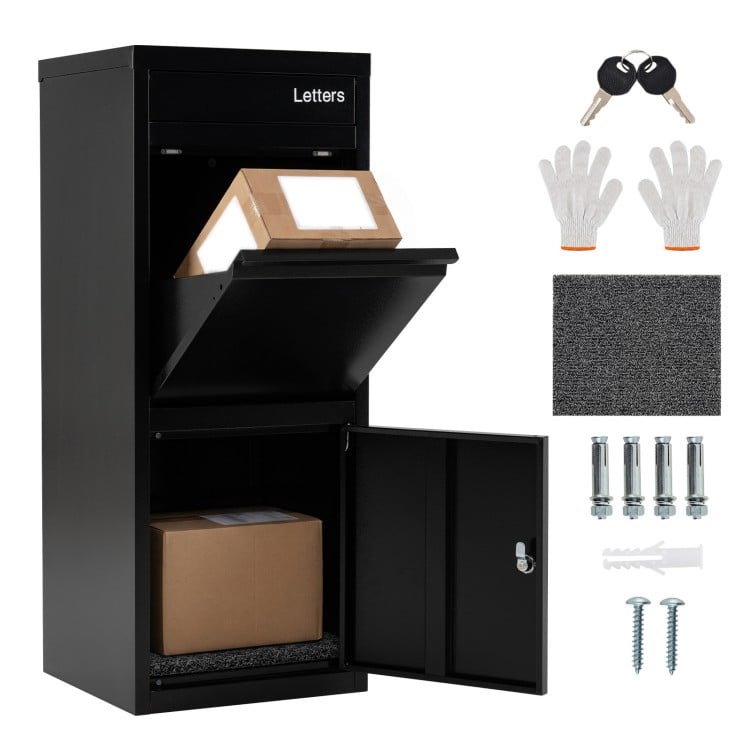 Large black galvanized package delivery box with anti-theft design, featuring mail and parcel slots for secure storage.