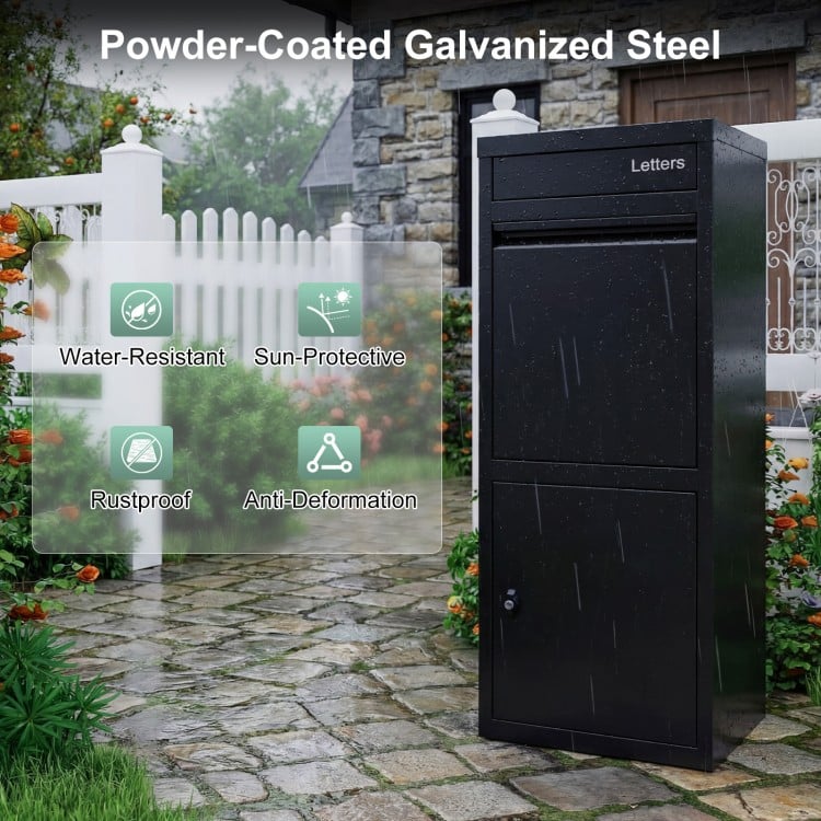 Large black galvanized package delivery box with anti-theft design, suitable for outdoor use and rustproof durability.