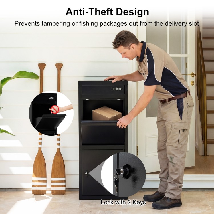 Large black galvanized package delivery box with anti-theft design, featuring a secure lock and spacious storage for.