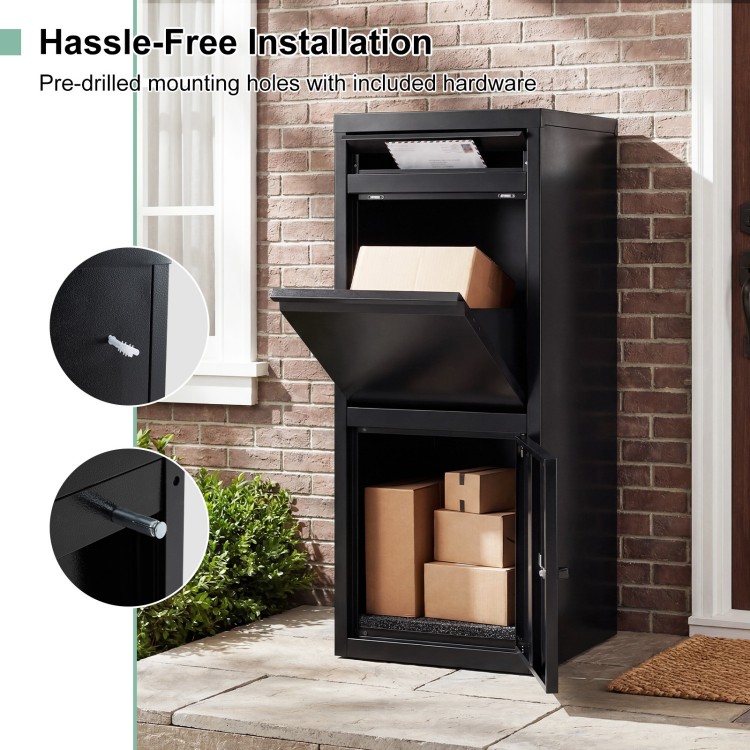 Large black galvanized package delivery box with anti-theft design, featuring pre-drilled holes for easy installation.