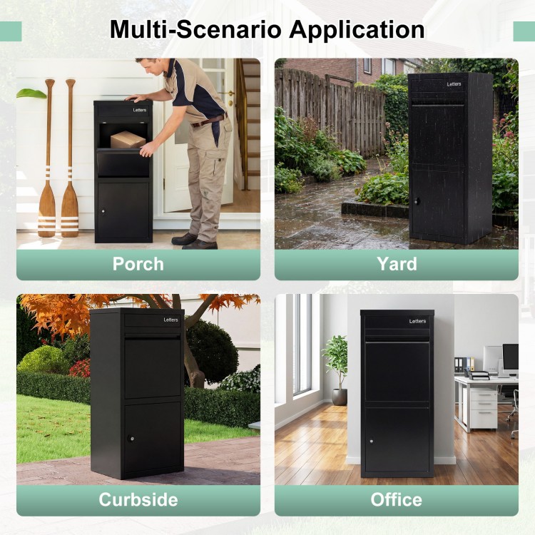 Large black galvanized package delivery box with anti-theft design, suitable for porch, yard, curbside, and office use.