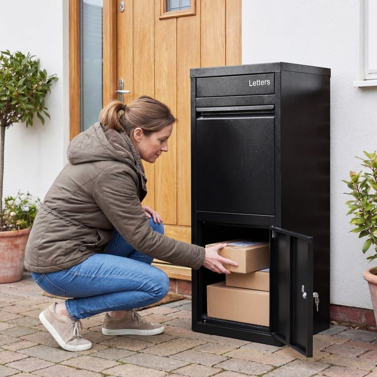 Large black galvanized package delivery box with anti-theft design, ideal for secure outdoor mail and package storage.