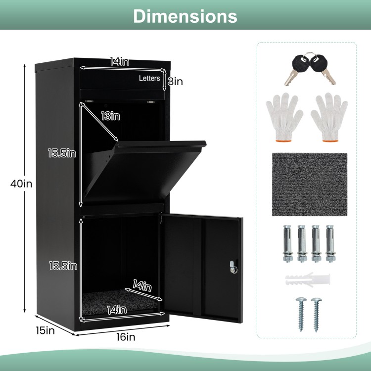 Dimensions of a large black galvanized package delivery box, showcasing its spacious compartments and anti-theft.