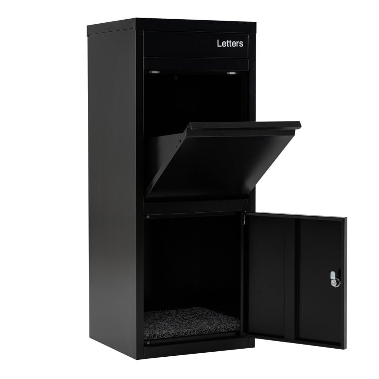 Large black galvanized package delivery box with anti-theft design, featuring a mail slot and secure pickup compartment.