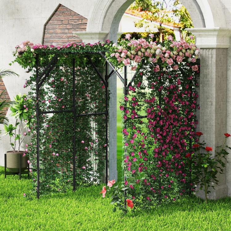 Large garden arch trellis in black, featuring climbing plants and flowers, ideal for outdoor patios and garden.