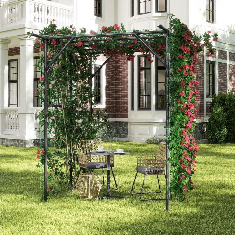 Large garden arch trellis in black, ideal for climbing plants, providing shade and support for outdoor relaxation.