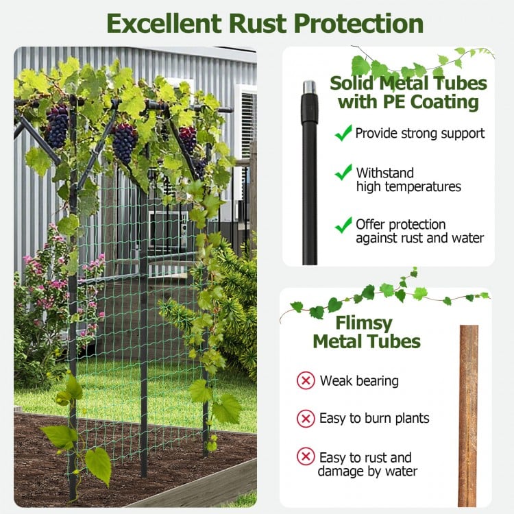 Large garden arch trellis made of PE-coated metal tubes, providing support for climbing plants in outdoor spaces.